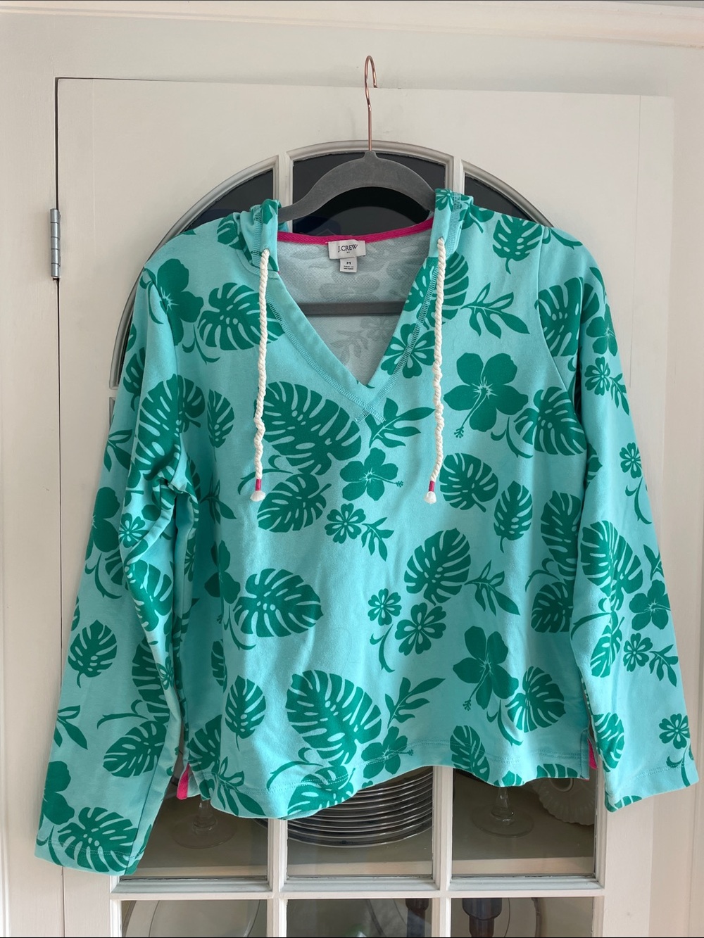J. Crew Turquoise Hooded Sweatshirt with Green Floral Print size:M